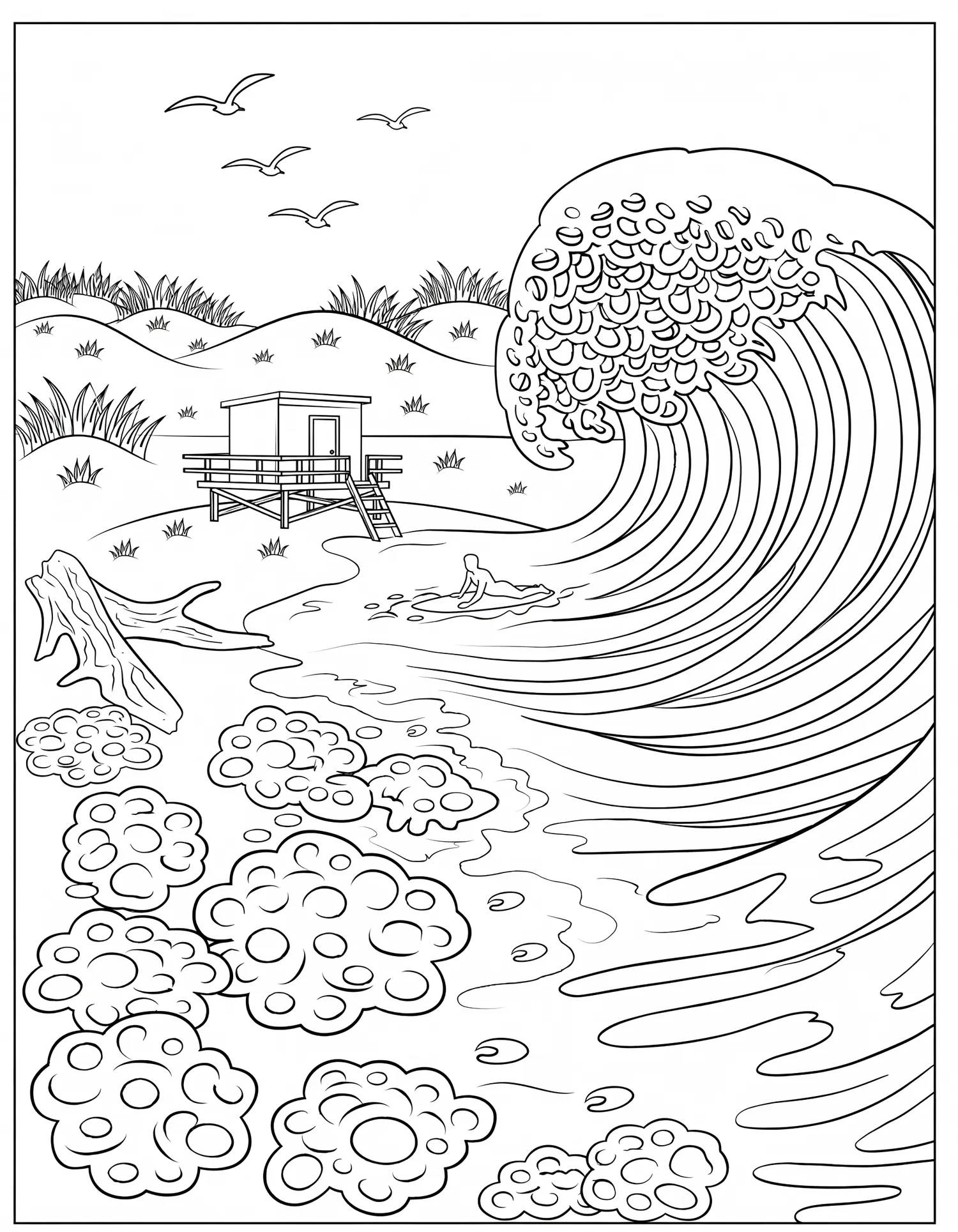 Plage Sauvage — Coloriage paysage à imprimer gratuitement